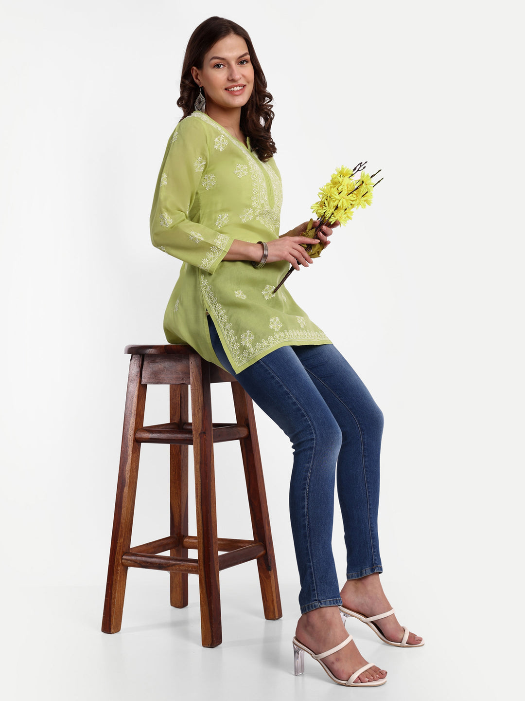 Green & White Floral Bale Booti Chikankari Tunic Top