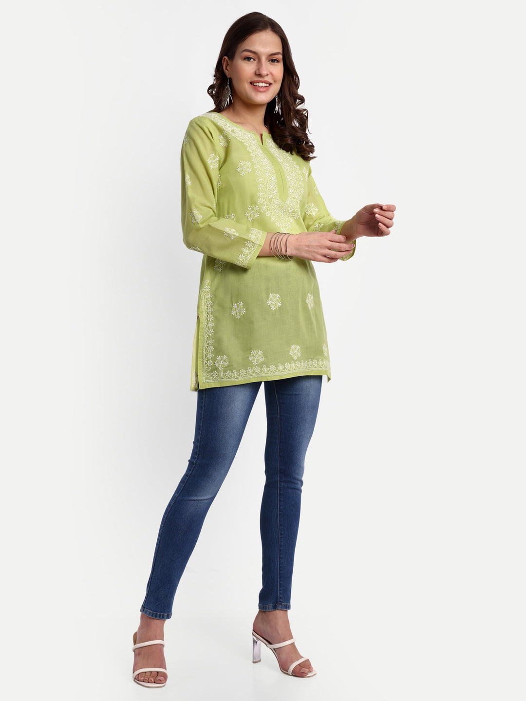 Green & White Floral Bale Booti Chikankari Tunic Top