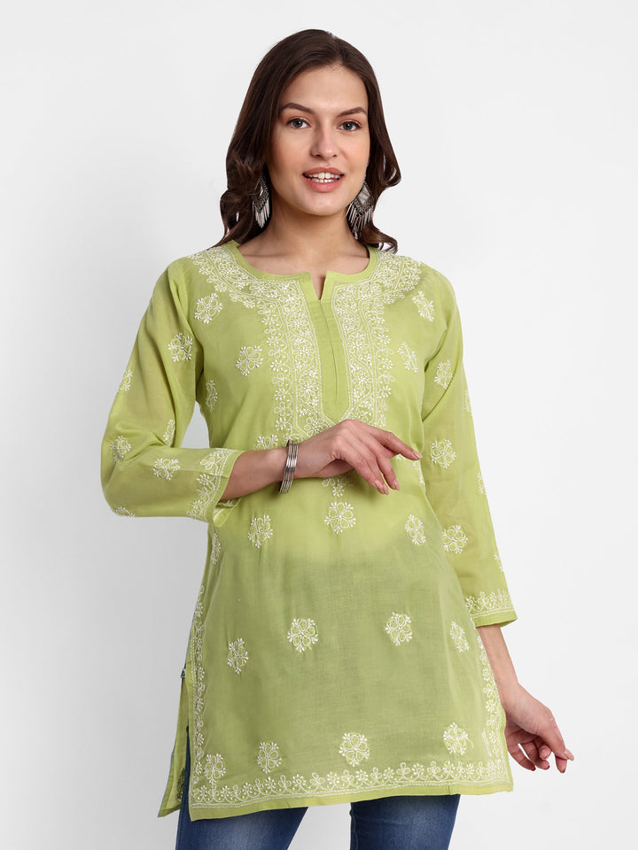 Green & White Floral Bale Booti Chikankari Tunic Top