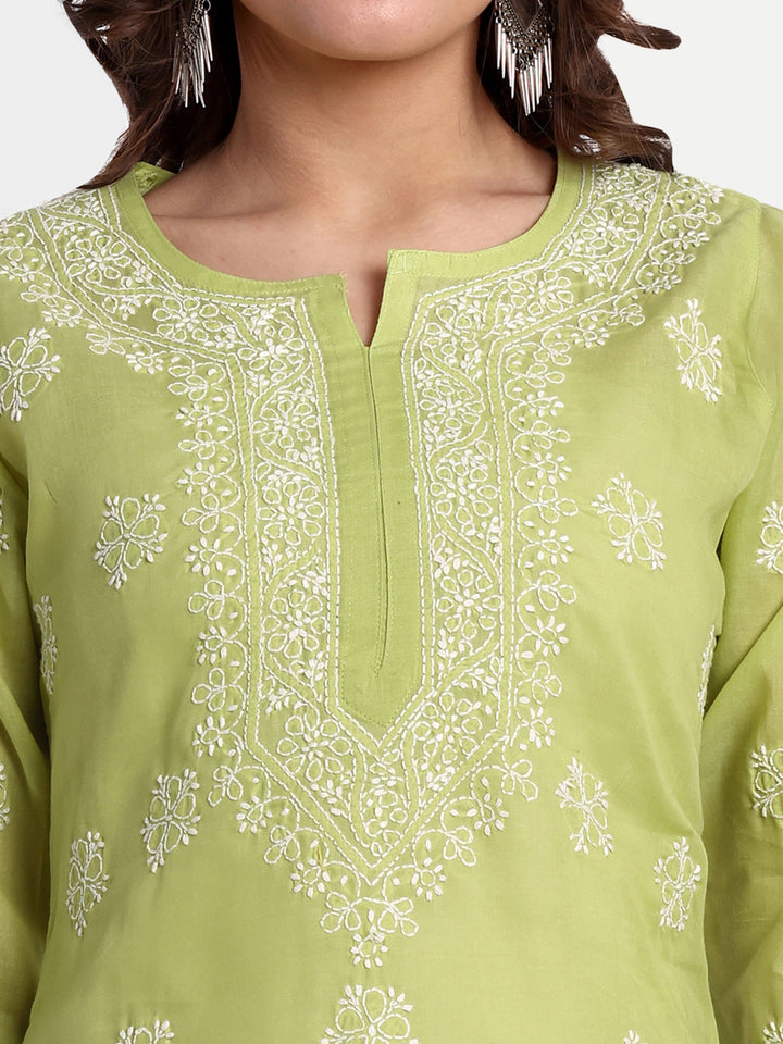 Green & White Floral Bale Booti Chikankari Tunic Top