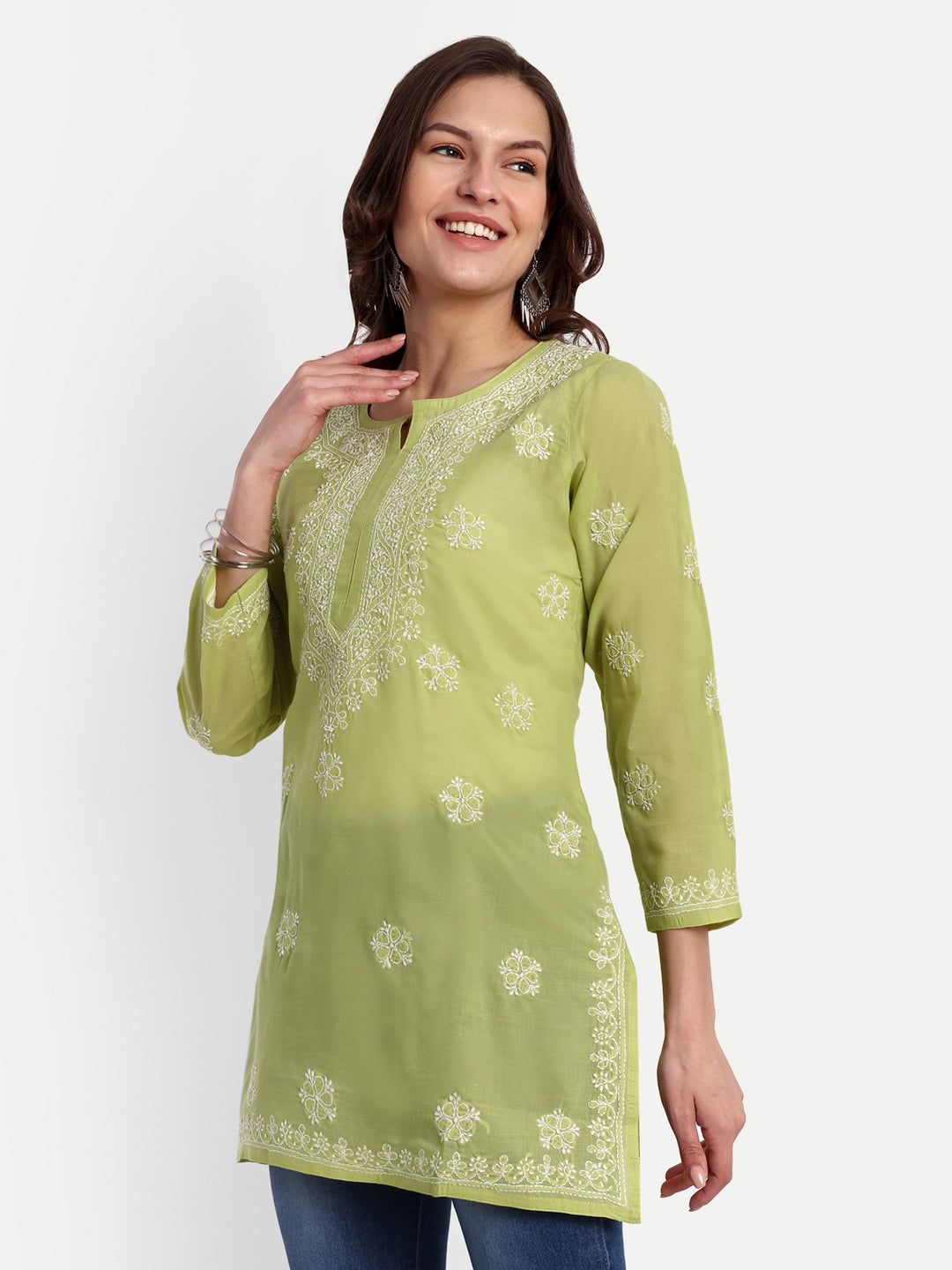 Green & White Floral Bale Booti Chikankari Tunic Top
