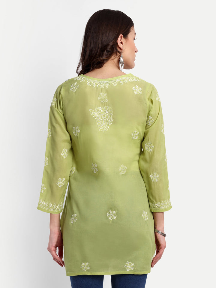 Green & White Floral Bale Booti Chikankari Tunic Top