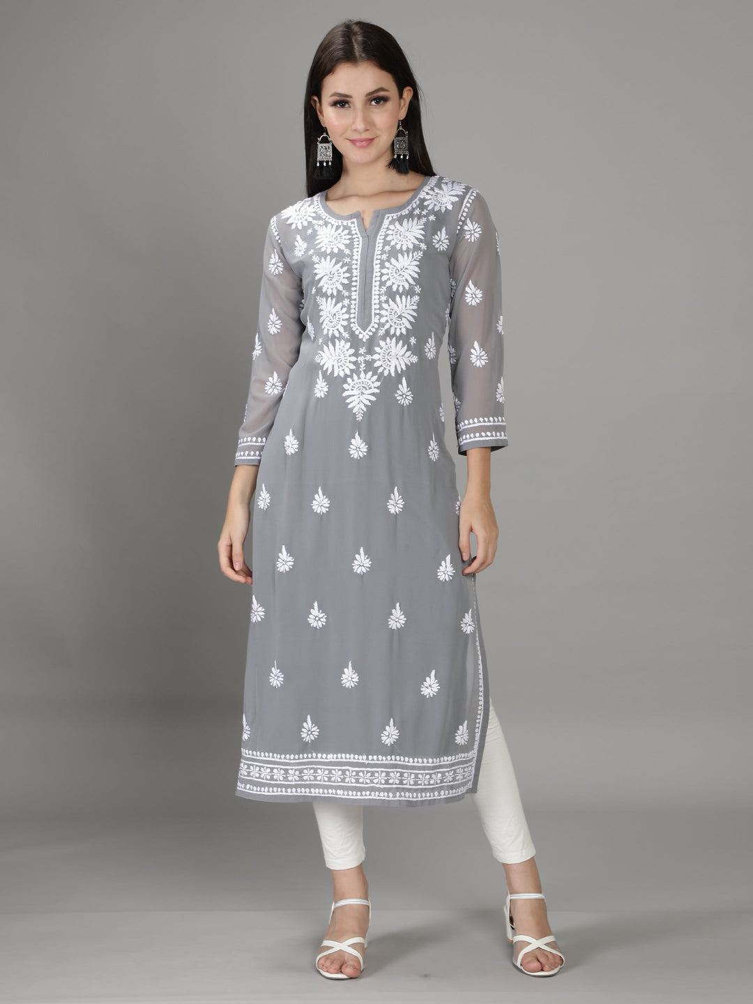 Grey Chikan Kurta in White Chikan Threadwork