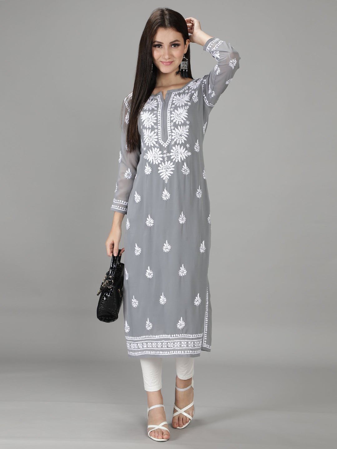 Grey Chikan Kurta in White Chikan Threadwork