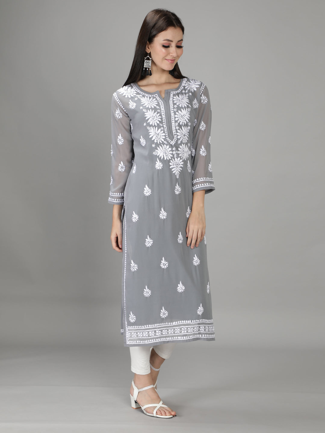 Grey Chikan Kurta in White Chikan Threadwork