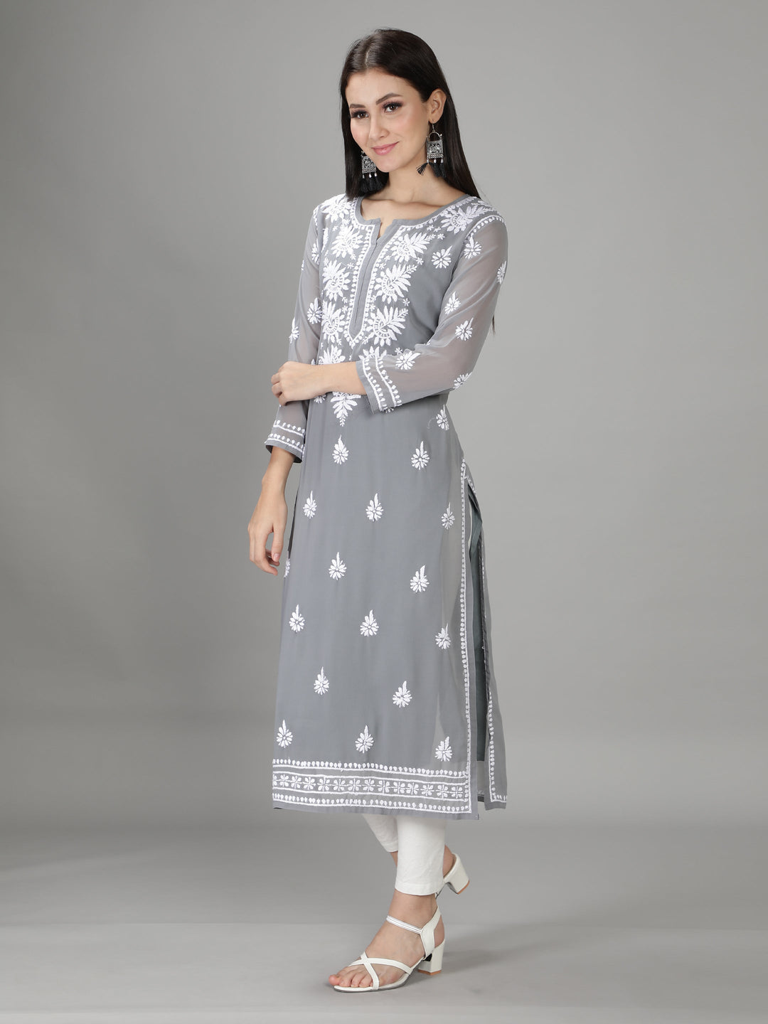 Grey Chikan Kurta in White Chikan Threadwork