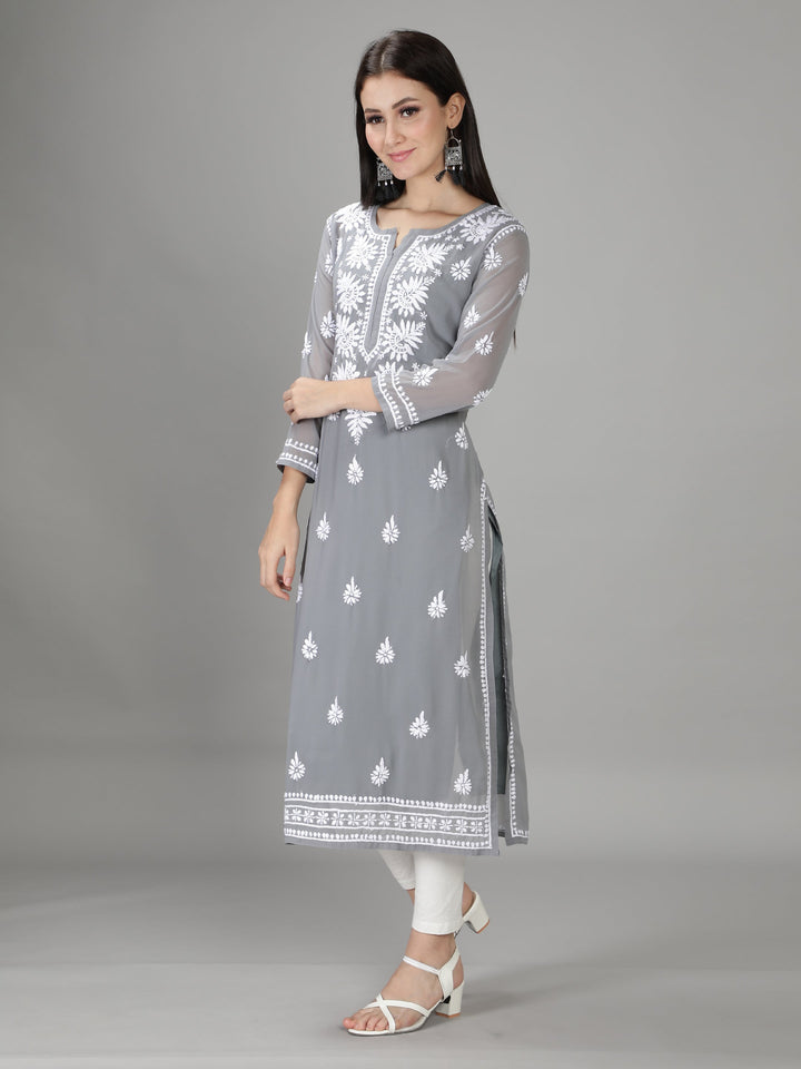 Grey Chikan Kurta in White Chikan Threadwork