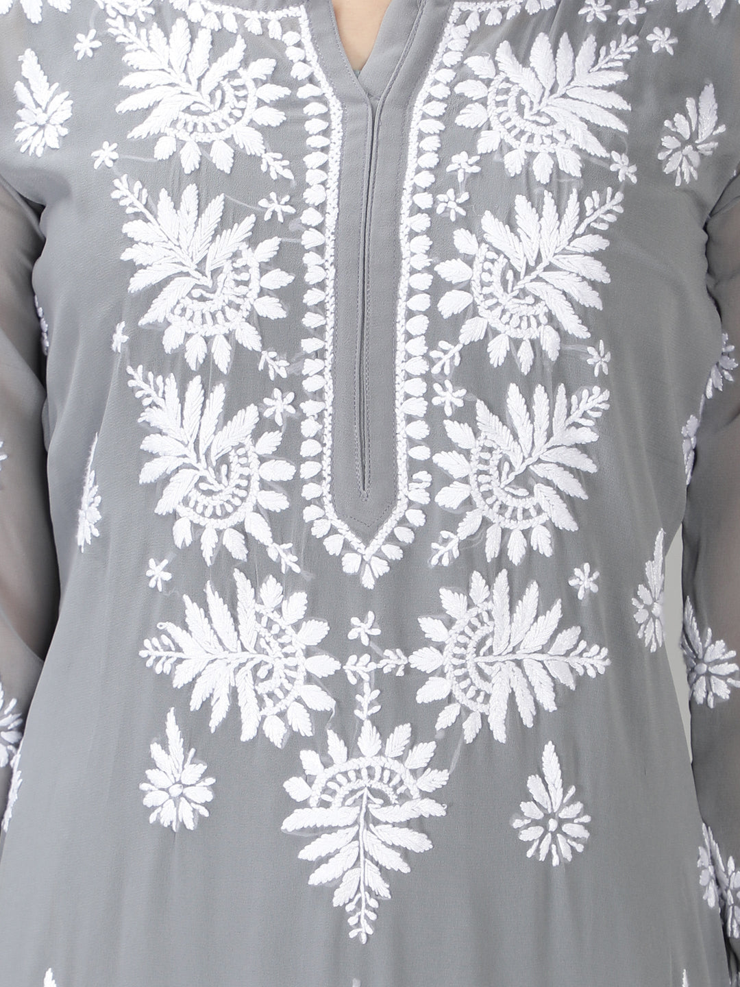 Grey Chikan Kurta in White Chikan Threadwork