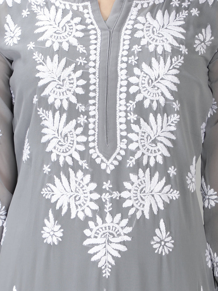 Grey Chikan Kurta in White Chikan Threadwork