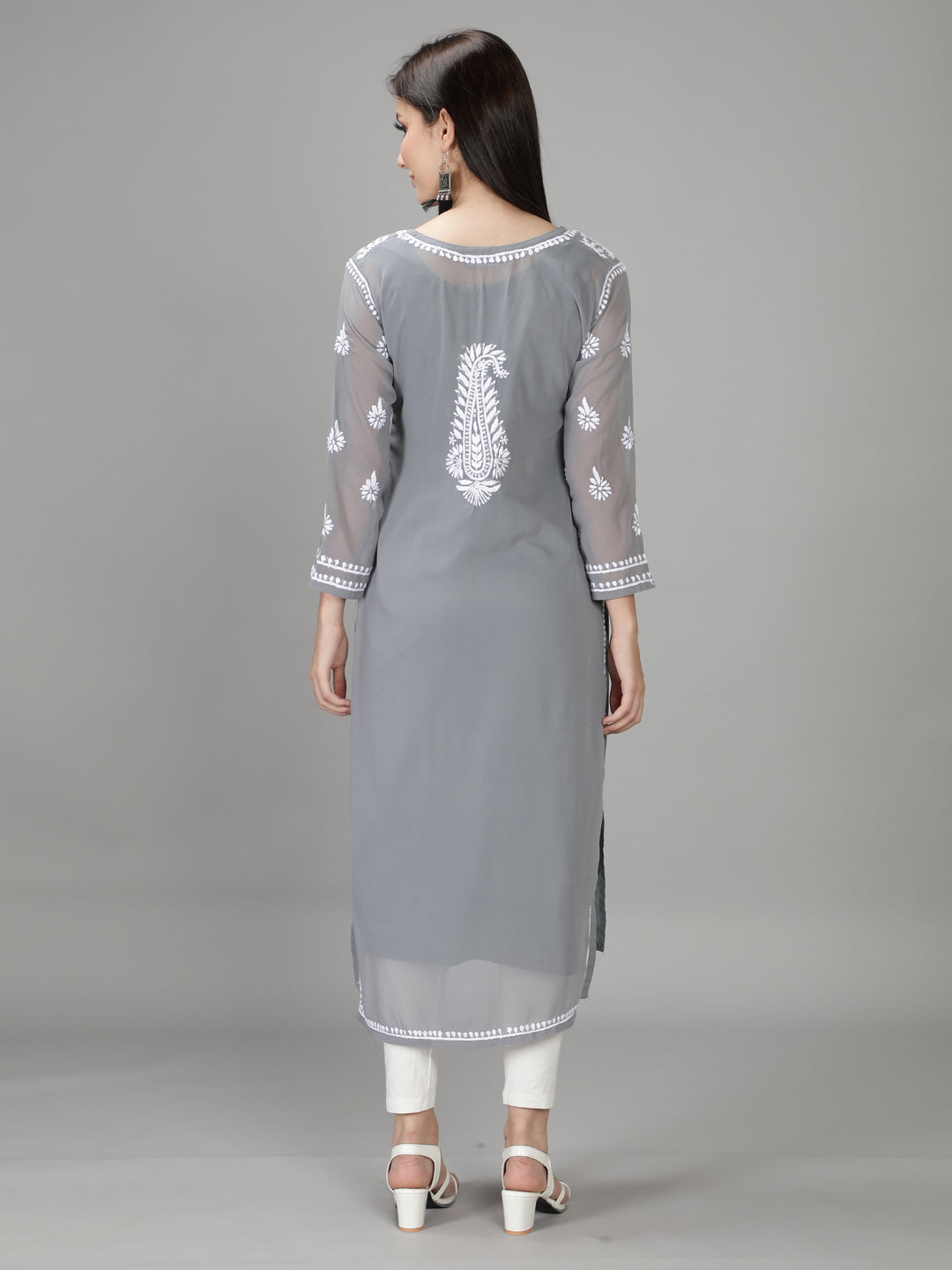 Grey Chikan Kurta in White Chikan Threadwork