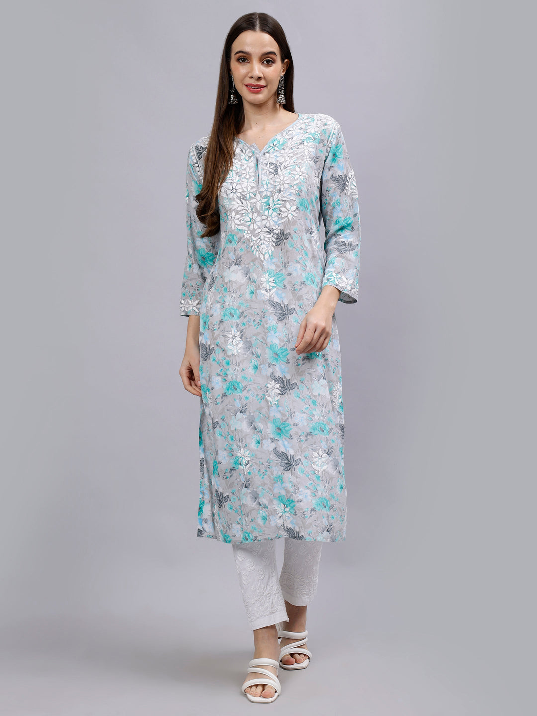 Grey-Cotton-Hand-Embroidered-Lucknowi-Chikankari-Kurti