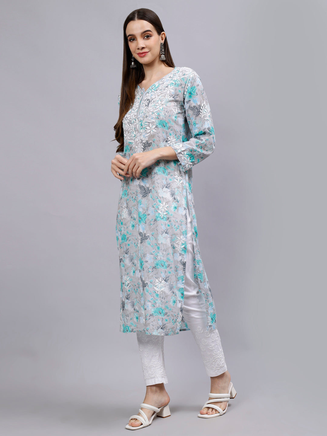 Grey-Cotton-Hand-Embroidered-Lucknowi-Chikankari-Kurti