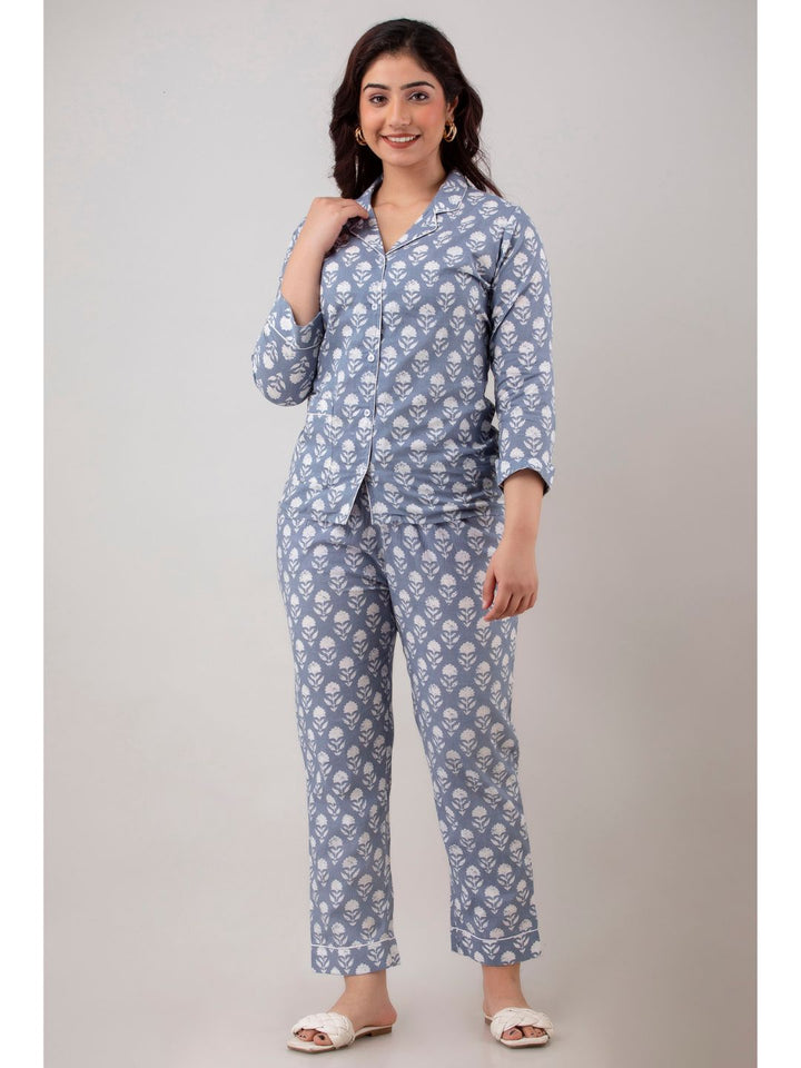 Grey Cotton Night Suit with Front Pocket