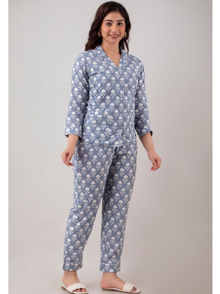 Grey Cotton Night Suit with Front Pocket