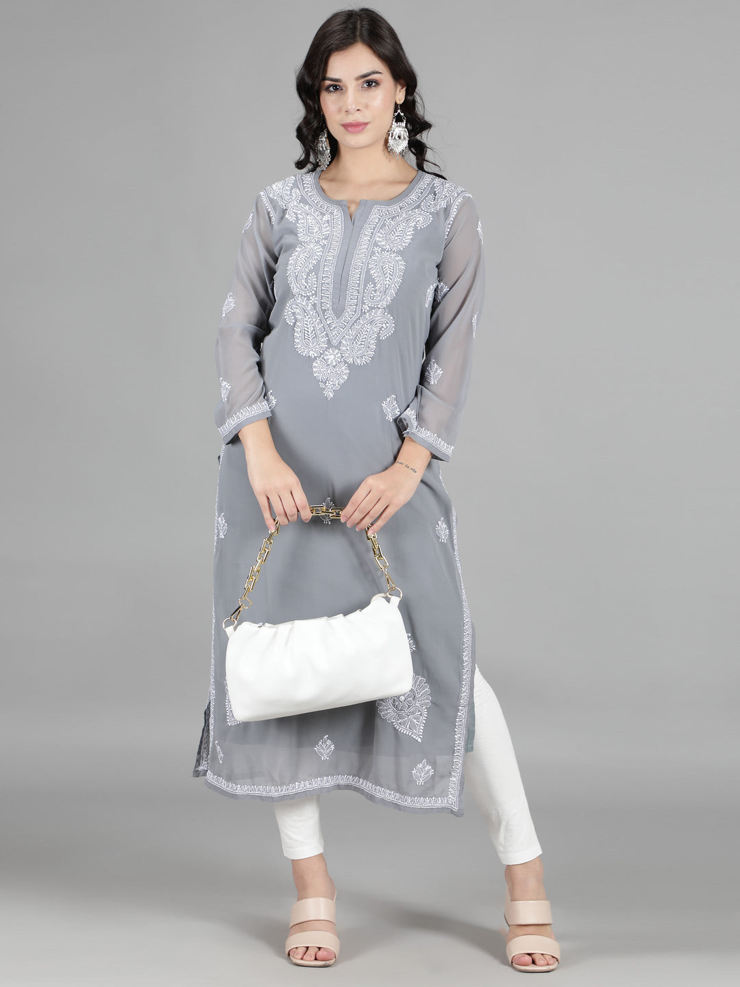 Grey Georgette Chikan Kurta & Matching Slip