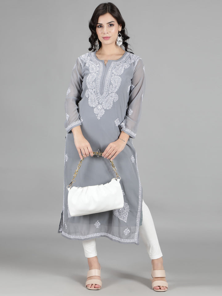 Grey Georgette Chikan Kurta & Matching Slip