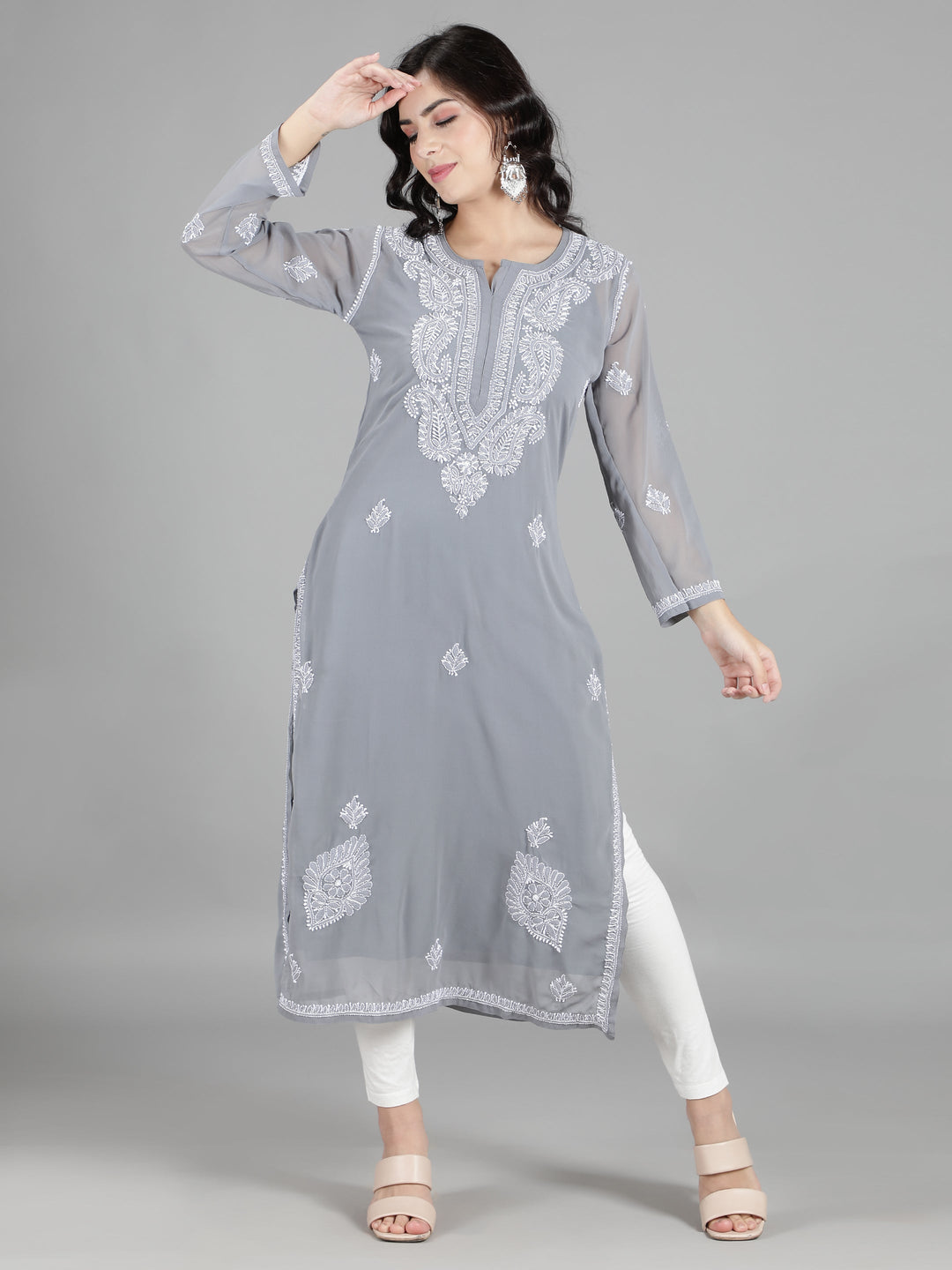 Grey Georgette Chikan Kurta & Matching Slip