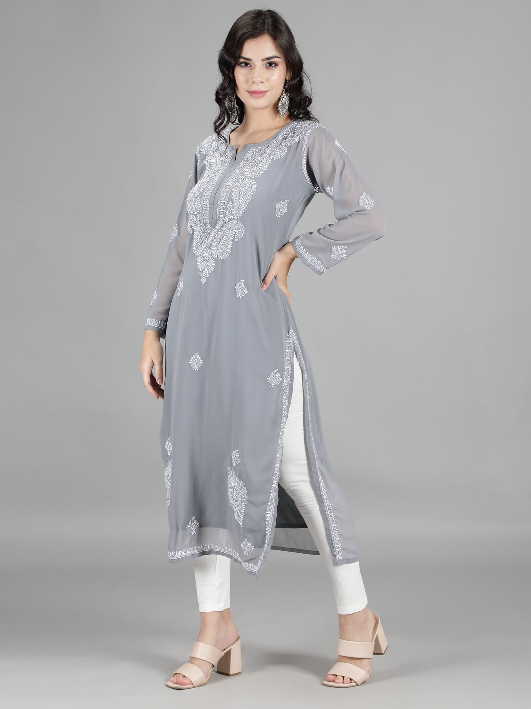 Grey Georgette Chikan Kurta & Matching Slip
