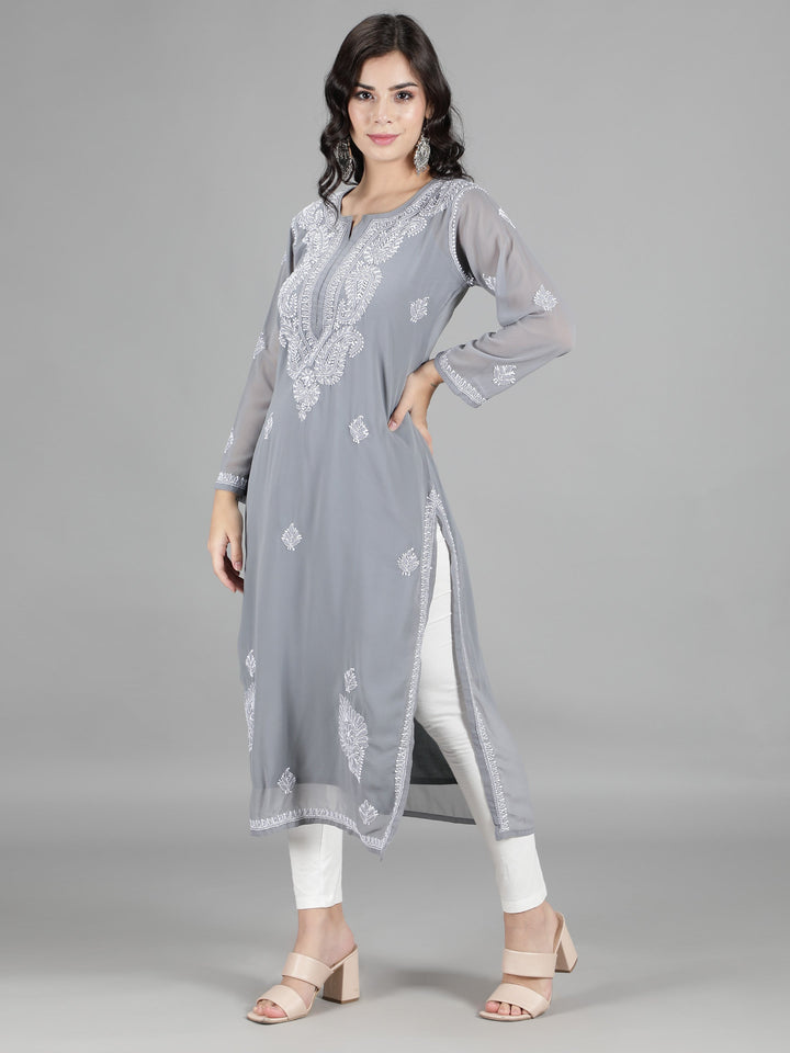 Grey Georgette Chikan Kurta & Matching Slip