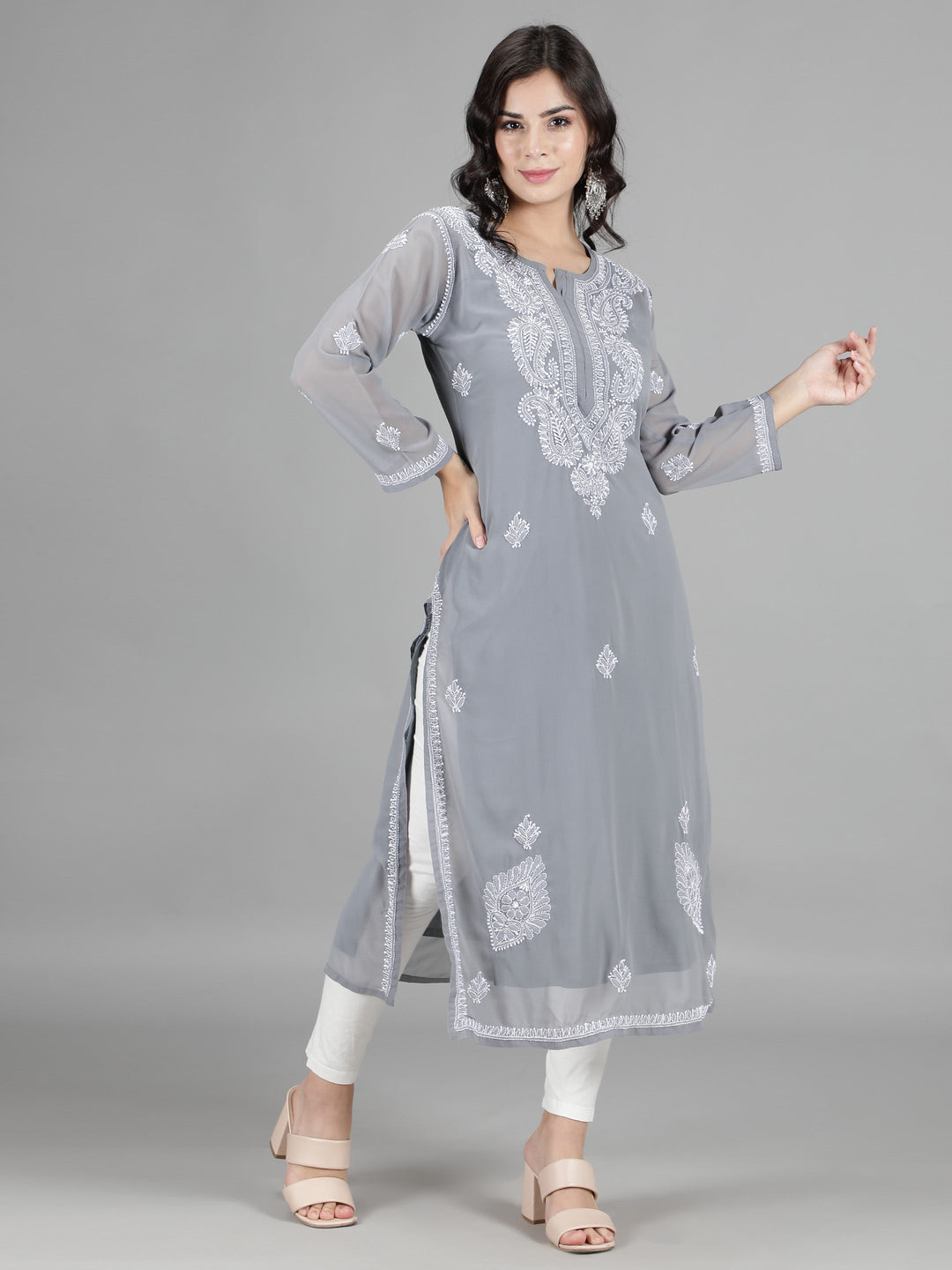 Grey Georgette Chikan Kurta & Matching Slip