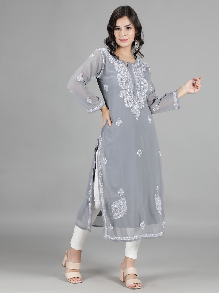 Grey Georgette Chikan Kurta & Matching Slip