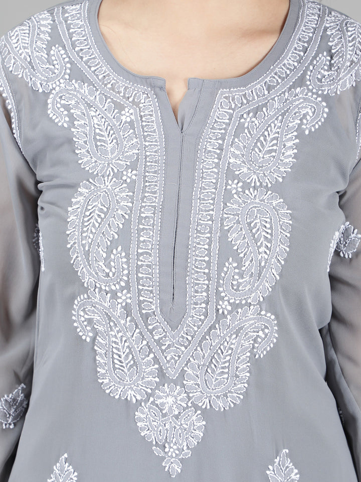 Grey Georgette Chikan Kurta & Matching Slip