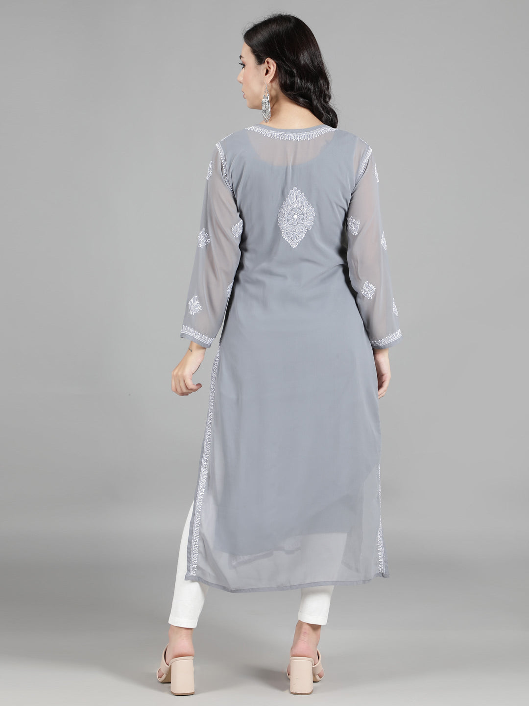 Grey Georgette Chikan Kurta & Matching Slip