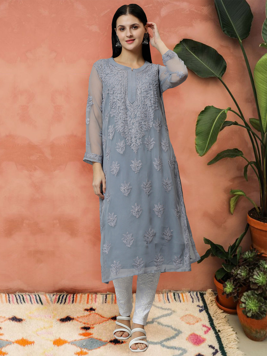 Grey-Georgette-Embroidered-Chikankari-Kurti-with-Slip