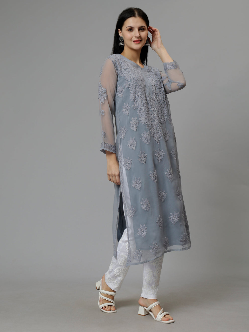 Grey-Georgette-Embroidered-Chikankari-Kurti-with-Slip