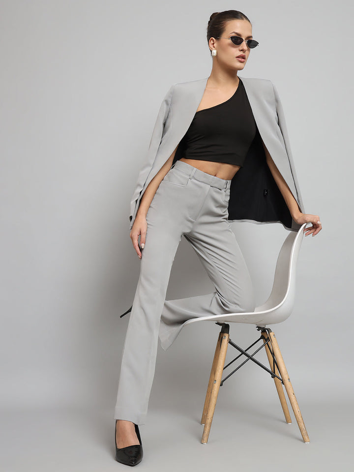 Grey Lapel Less Stretch Pant Suit