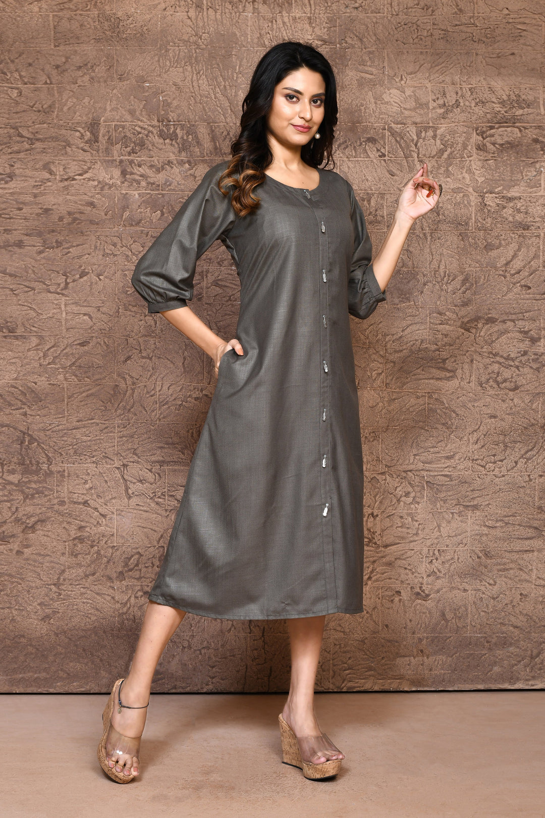 ZERESOUQ-Grey-Pure-Slub-Cotton-A-Line-Dress-With-Pockets