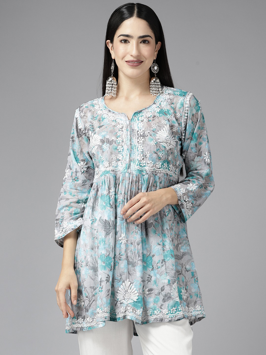 Grey & Blue Cotton Floral Chikan A-Line Kurti