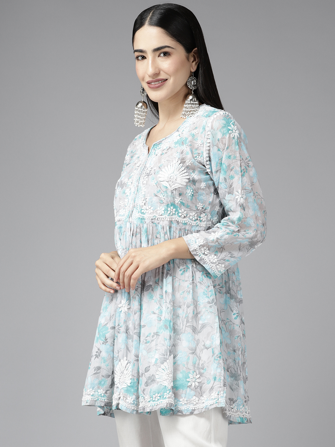 Grey & Blue Cotton Floral Chikan A-Line Kurti