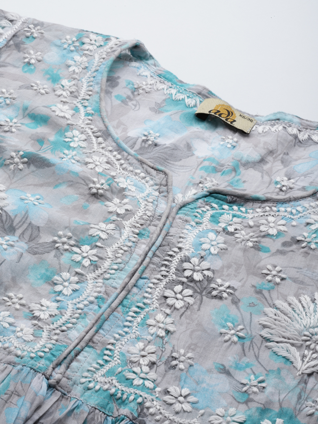 Grey & Blue Cotton Floral Chikan A-Line Kurti