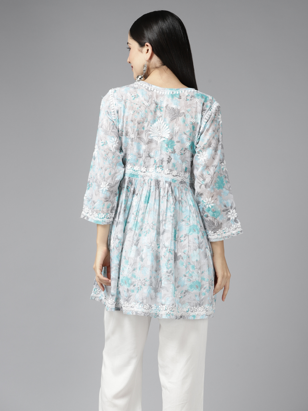 Grey & Blue Cotton Floral Chikan A-Line Kurti