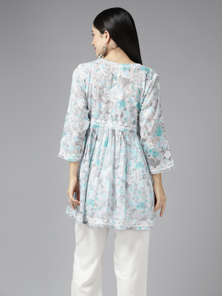 Grey & Blue Cotton Floral Chikan A-Line Kurti