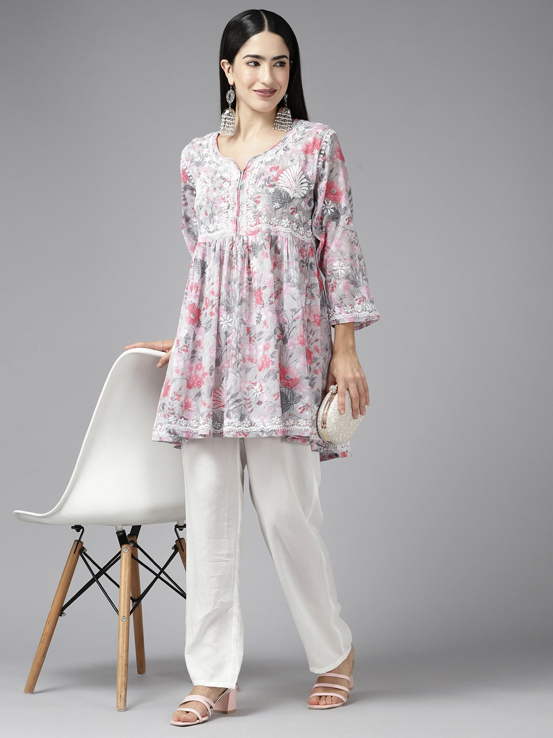 Grey & Coral Cotton Floral Chikan A-Line Kurti
