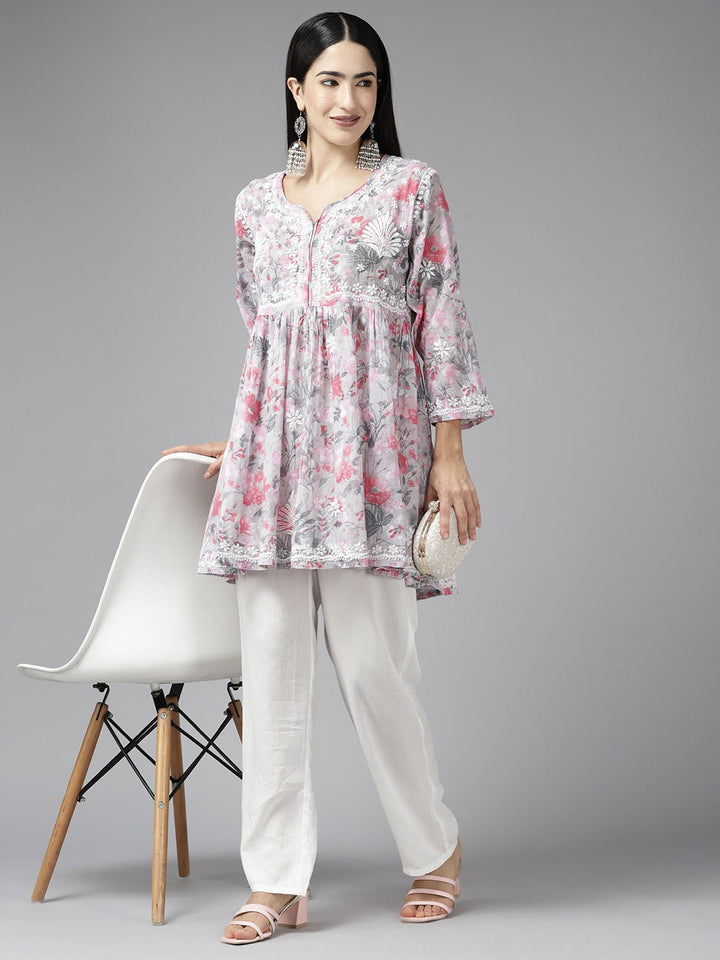 Grey & Coral Cotton Floral Chikan A-Line Kurti