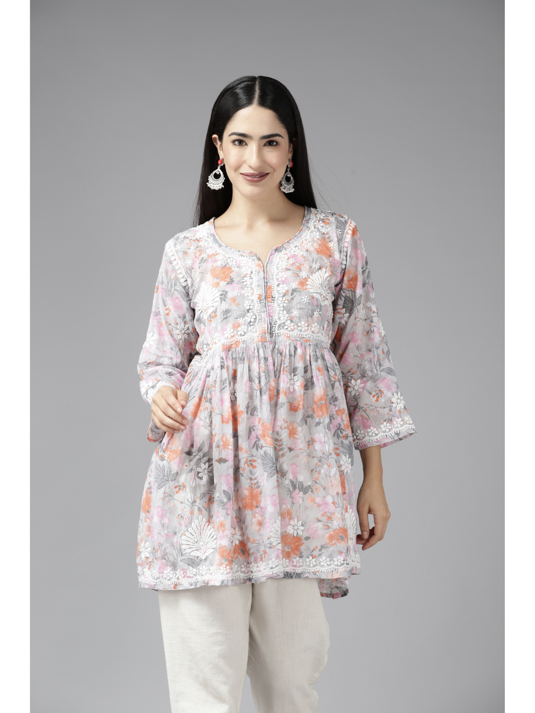 Grey & Orange Cotton Floral A-Line Chikan Kurti