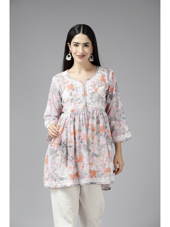 Grey & Orange Cotton Floral A-Line Chikan Kurti