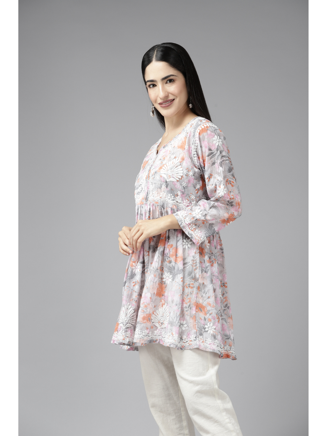 Grey & Orange Cotton Floral A-Line Chikan Kurti
