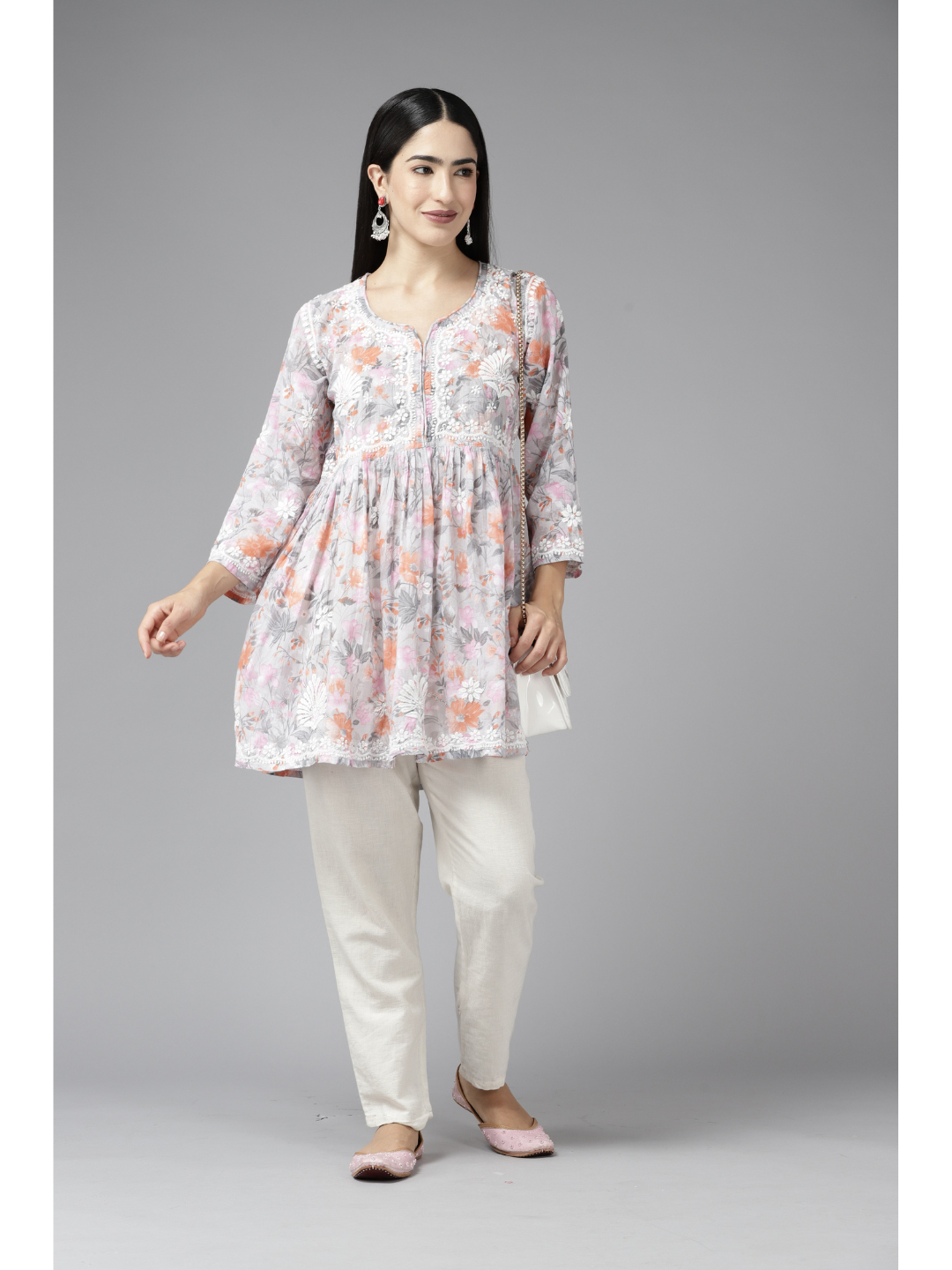 Grey & Orange Cotton Floral A-Line Chikan Kurti