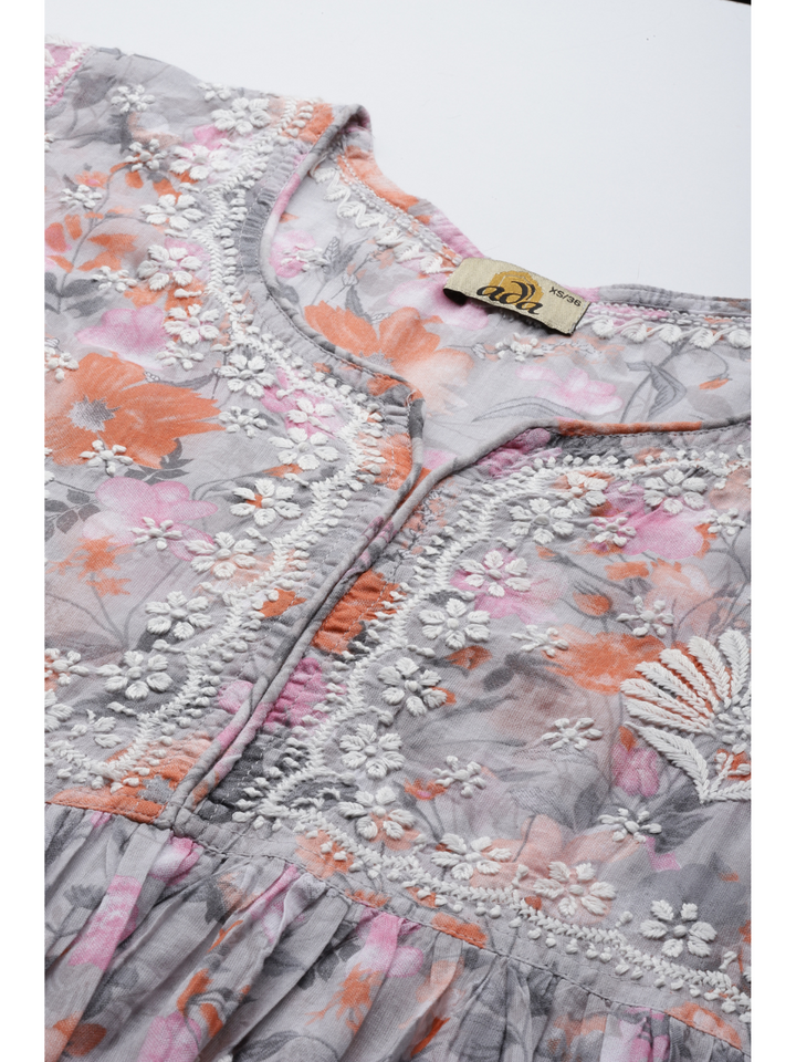 Grey & Orange Cotton Floral A-Line Chikan Kurti