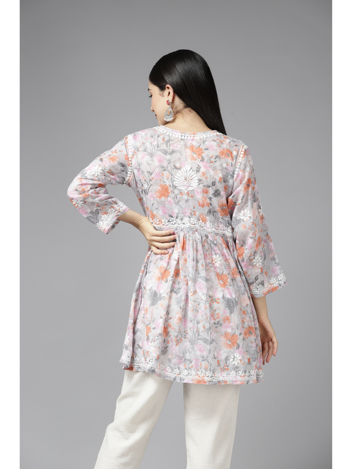 Grey & Orange Cotton Floral A-Line Chikan Kurti