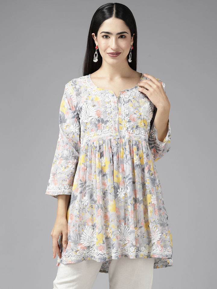 Grey & Yellow Cotton Floral Chikan A-Line Kurti