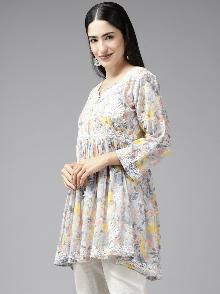 Grey & Yellow Cotton Floral Chikan A-Line Kurti