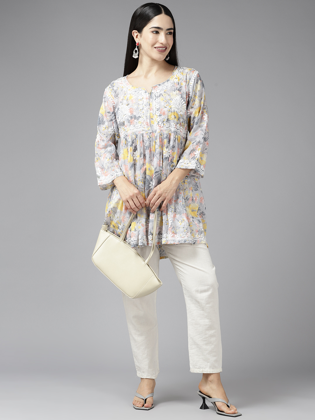 Grey & Yellow Cotton Floral Chikan A-Line Kurti