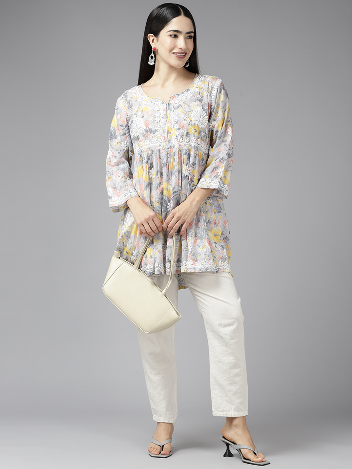 Grey & Yellow Cotton Floral Chikan A-Line Kurti