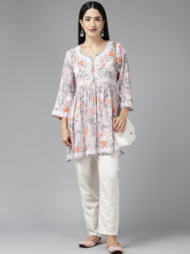Grey & Yellow Cotton Floral Chikan A-Line Kurti