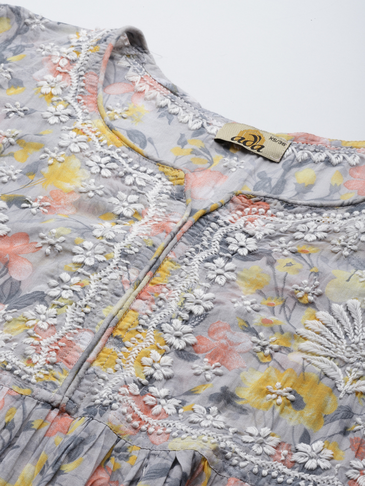 Grey & Yellow Cotton Floral Chikan A-Line Kurti